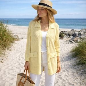 Lilli Ann Collections Vtg. Open Weave Buttery Yellow Cotton Cardigan Sz M